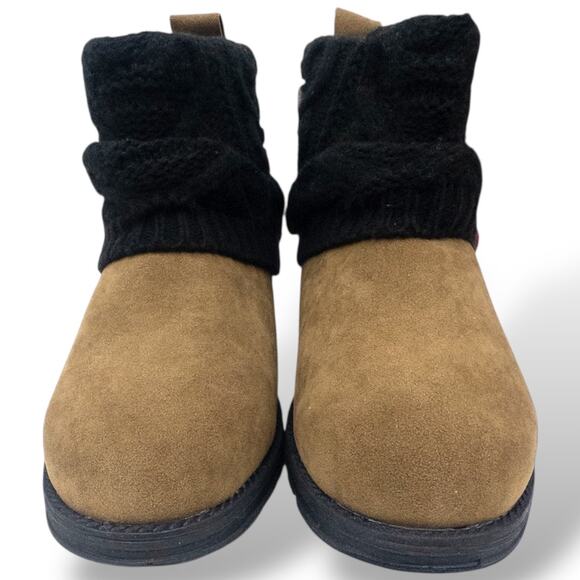 MUK LUKS Patti Cable Knit Sweater Cuff Booties 7 Red Gray Plaid Brown Black - Picture 4 of 7